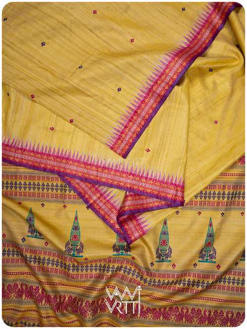 Besan Haldi Mughal Garden Exclusive Handspun Tussar Silk Saree