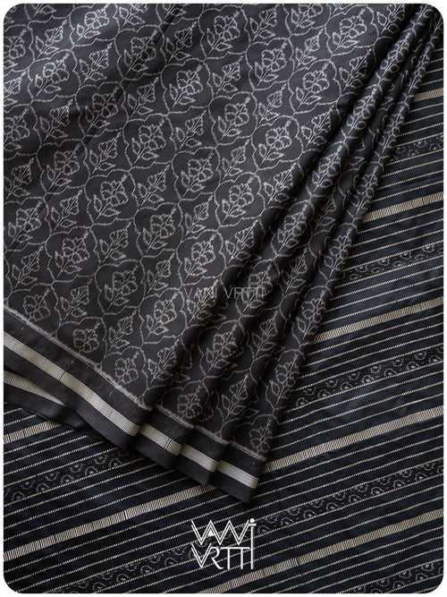 Black Hibiscus Iron Rust Natural Dyed Mulberry Silk Ikat Saree