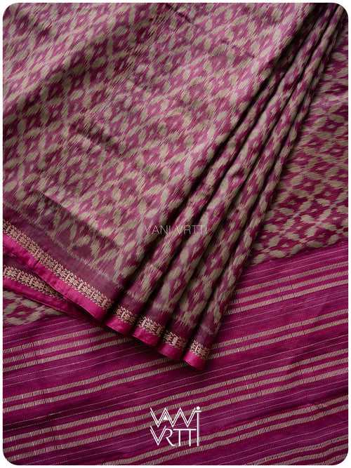 Deep Magenta Lily Ikat Handspun Tussar Silk Sari