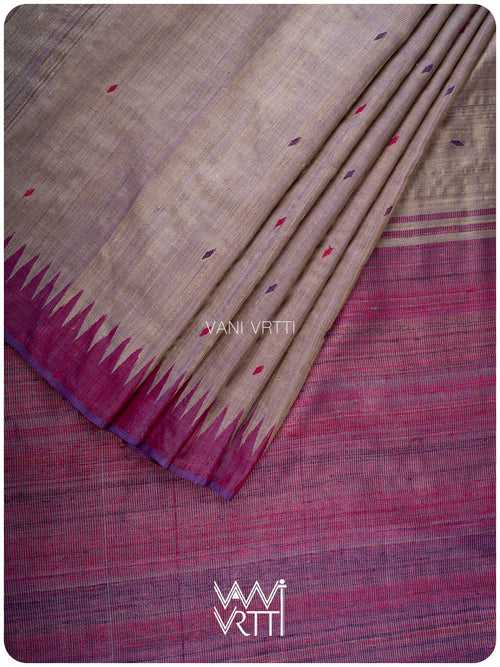 Greyish Lilac Magenta Ganga Jamuna Bristi Handspun Tussar Silk Saree