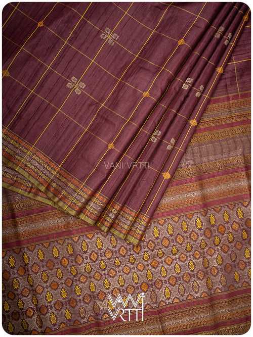 Coffee Brown Matsya Kachhap Checks Handspun Tussar Silk Saree