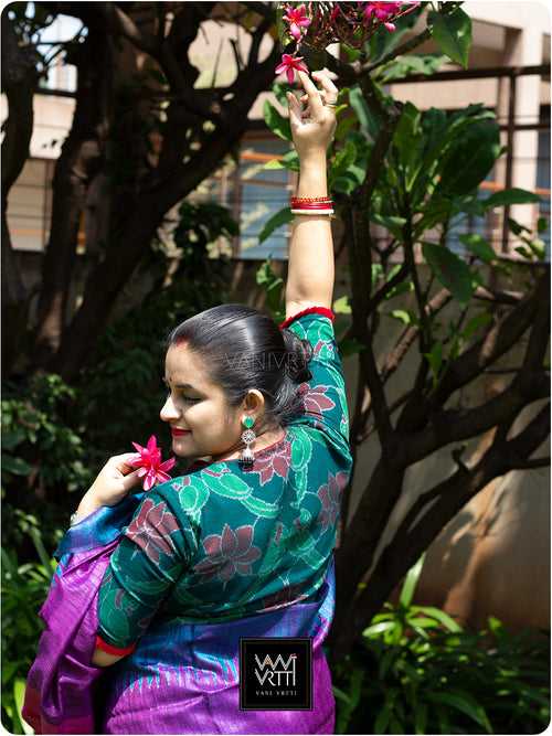 Bottle Green Red Lotus Parrot Fine Cotton Ikat Blouse