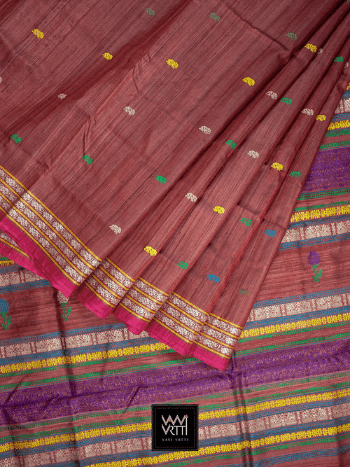 Rust Red Airavata Marigold Khadi Tussar Silk Saree