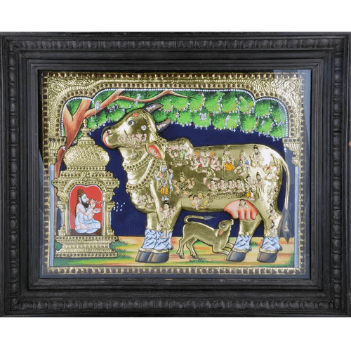 Kamadhenu Tanjore Painting with 3D Embossment