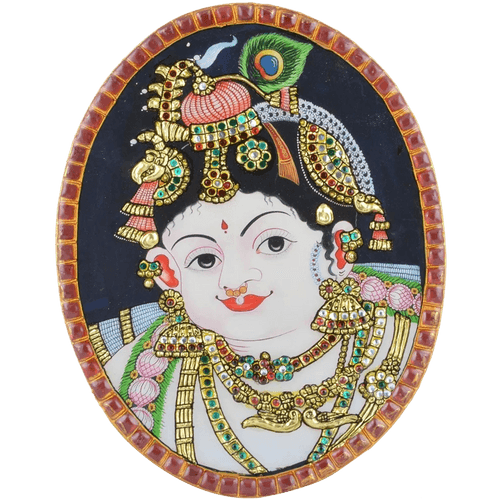 Oval Krishna Tanjore Artwork Box Type With Table Stand