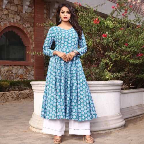 Sea green block printed  kurta plazzo set