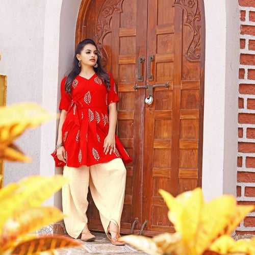 Red block printed dhoti kurti set