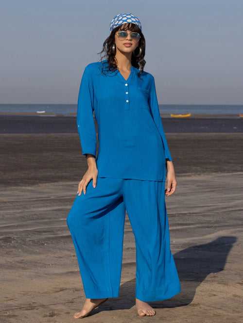Beach Solid Blue Co-ord Set of 2