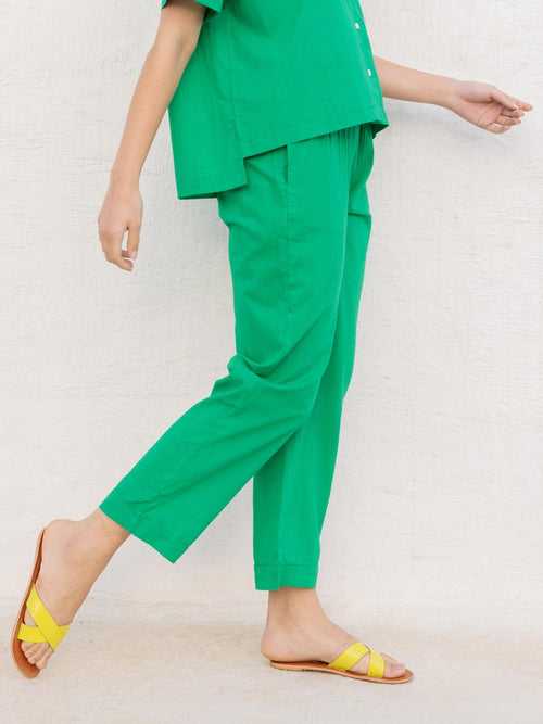Solid Green Cotton Folded Pants