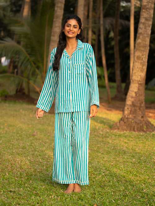 Turquoise Stripes Modal Pyjama Set