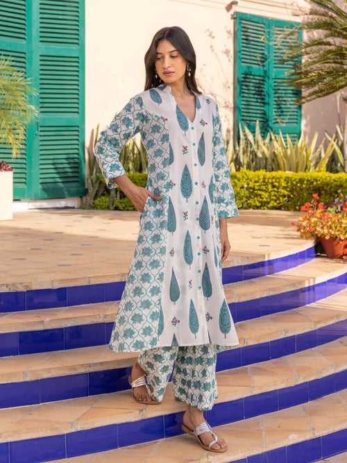 Turquoise Cypress Hand Block Printed Cotton Long Kurta