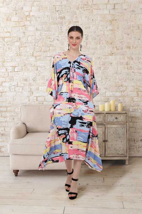 Collar Having Gathers In The Neckline With Tie Strings Kaftan Dress - 183-Geometry Abstract, S to 3XL