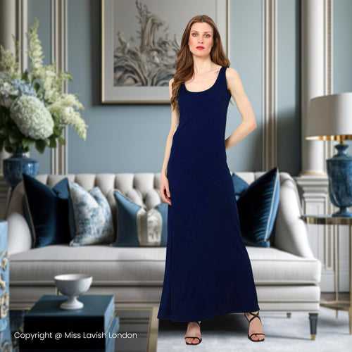 Casual Sleeveless Ankle Length Maxi Long Dress Navy - Small to 3XL