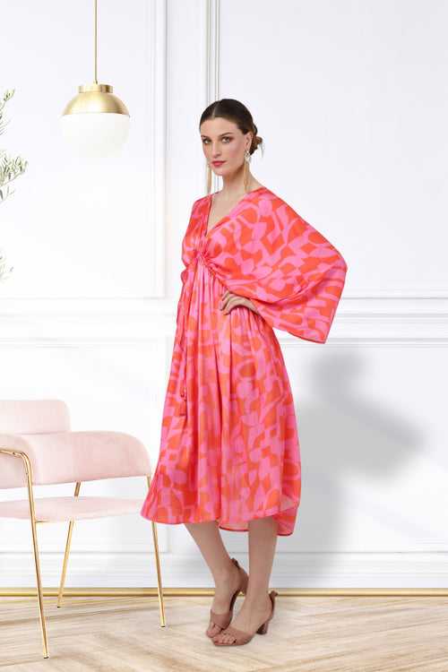 V-Shaped Neckline and Draw-Cord with Tassels Detail at The Waist Kaftan Dresses - 166-Vermillion, S to 3XL
