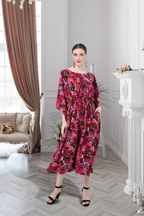 Elasticated Waist with Boat Neckline Kaftan Dresses for Women - 171-Abstract Floral, S to 3XL