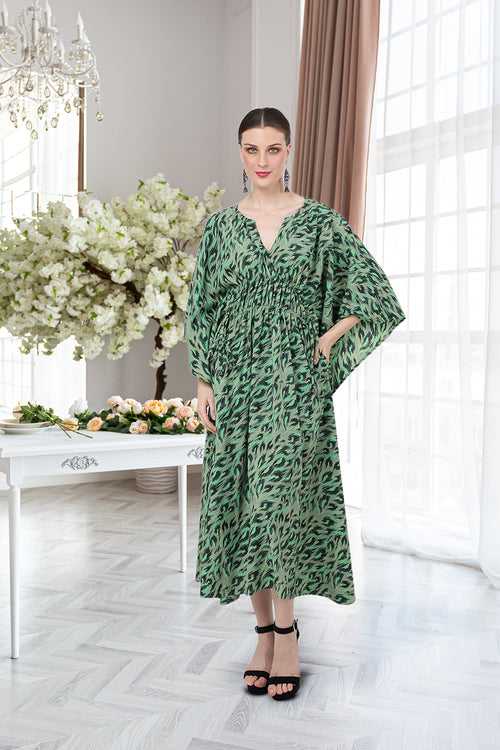 Drawcord At The Waist and Slit Neckline Kaftan Dresses for Women - 175-Green Leopard, S to 3XL