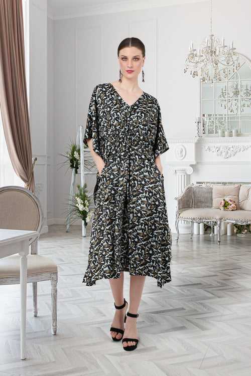 Drawcord At The Waist with V-shaped Neckline Kaftan Dresses for Women - 177-Giraffe, S to 3XL