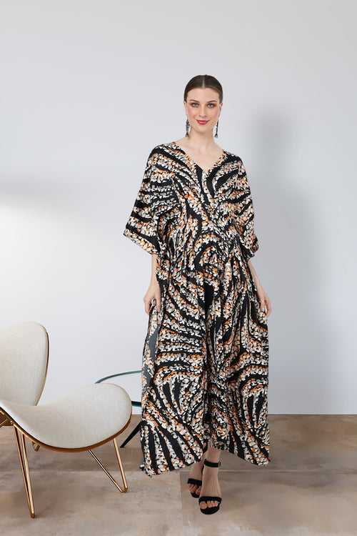 V-Shaped Neckline And Pleating Detail At The Waist Kaftan Dresses - 182-Zebra Print, S to 3XL