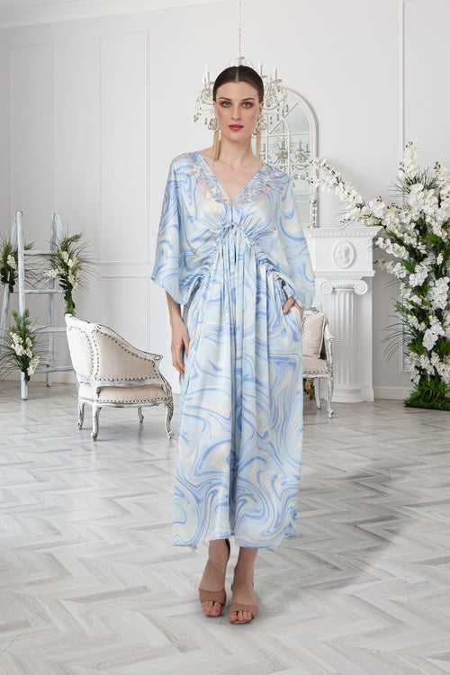 V-shaped Neckline and Embroidery in The Front with Draw Cord At The Waist Kaftan Dresses - 184-Soft Blue, S to 3XL