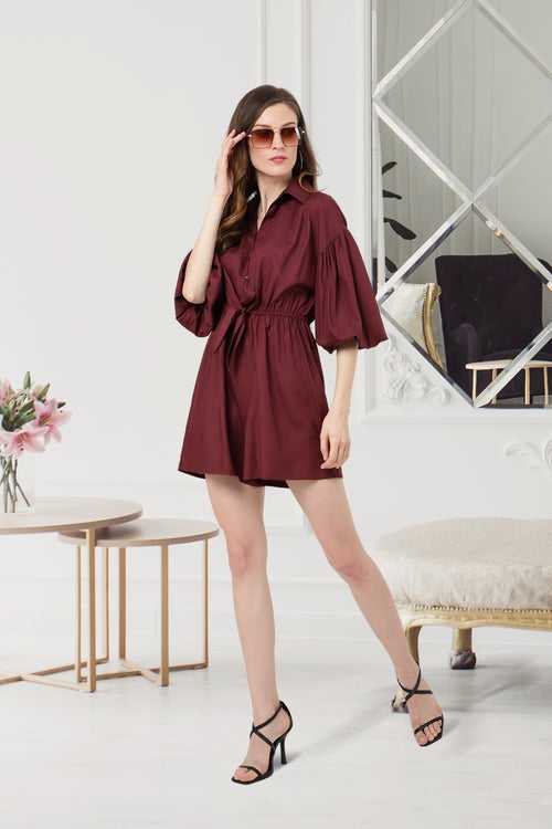 Romper Dress V-crew neck Drop Shoulder Gathered Sleeves And Tie-up Burgundy X-Small to 2XL