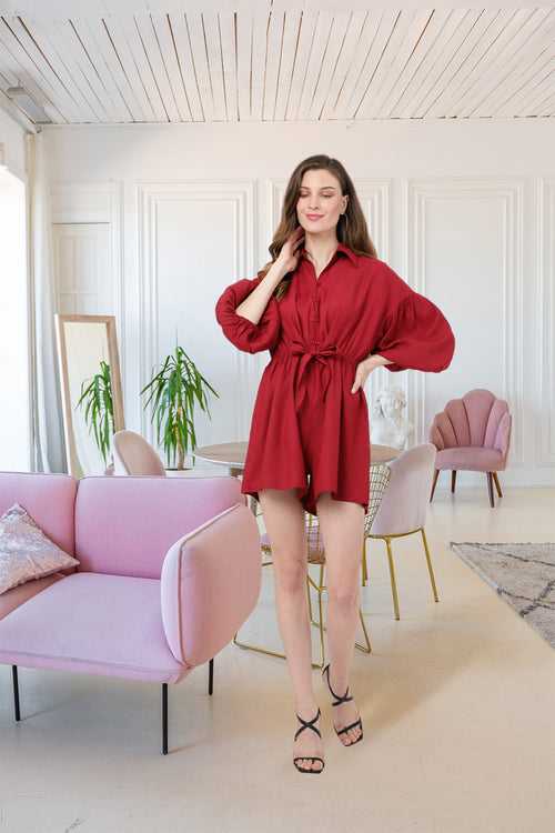 Jumpsuit Dress Drop Shoulder Gathered Sleeves And Tie-up Detail In The Front Romper Wine Red, X-Small to 2XL