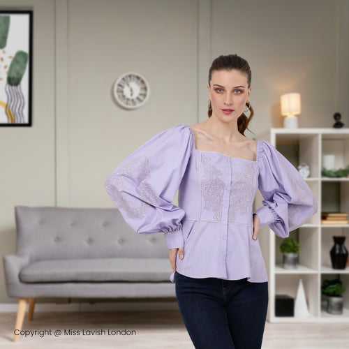 Peplum Top With Square Neckline, Lace Inserts Embroidery Tonal Colors Centre Front Button Opening - 101-Lavender, Small - 2XL
