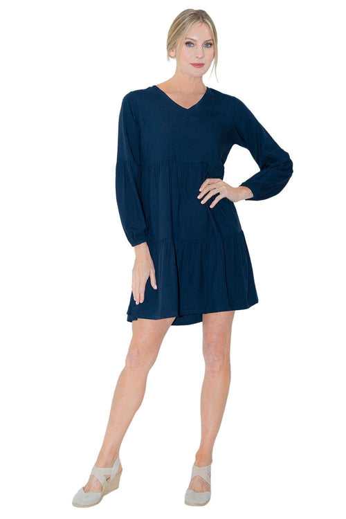 Long Sleeve V Neck Dress Midnight Blue S to 2XL