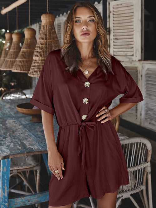 Women V Neck Short Sleeves Button Front Self Tie Romper Jumpsuit Wine - Small to XL