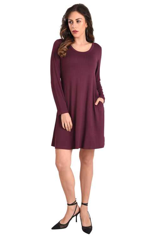 Long Sleeve T-Shirt Dress with Pockets, Burgundy