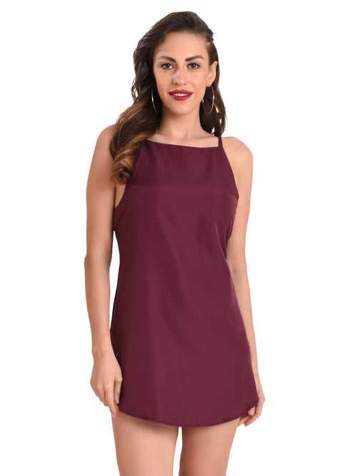 Sleeveless Halter Neck Mini Dress, Burgundy, Small-2XL