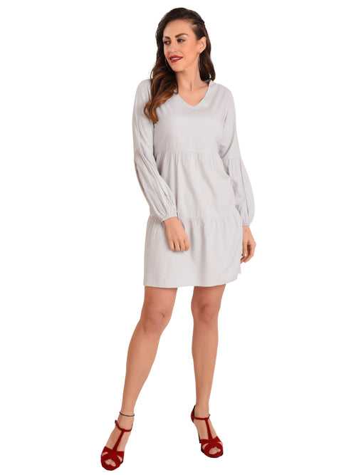 Long Sleeves V Neck Dress, Grey