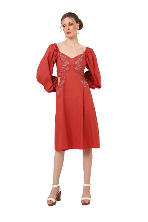 Cut-out Detail At The Waist, Sweetheart Neckline With Peasant Sleeves Cute Midi Flowy Dresses for Women - 116-Red, S to XL