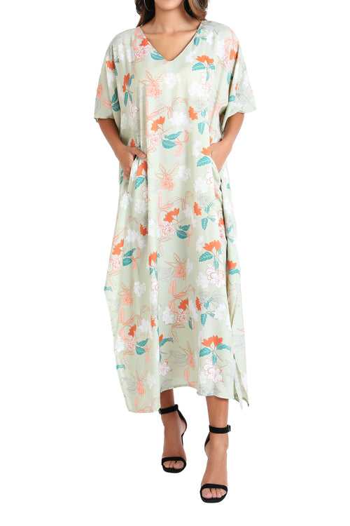 Kaftans Dresses with Pockets in Healing Floral Olive Green