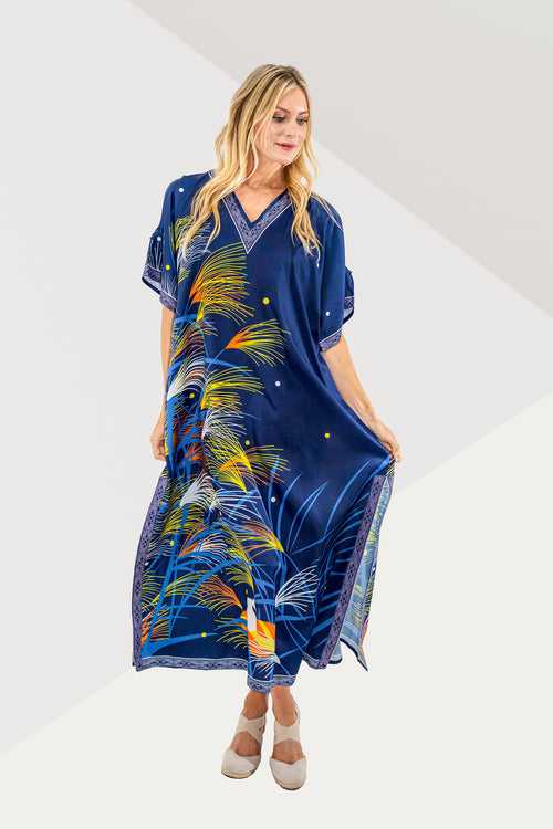 Women Kaftan Tunic Kimono Dresses Blue Vaccation S to 3XL