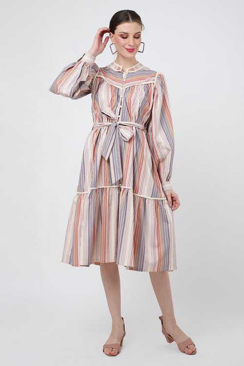 Stripes, Lace Inserts And Front Button Opening With Voluminous Sleeves Cute Midi Flowy Dress - 120-Ecru, X-Small to 3XL