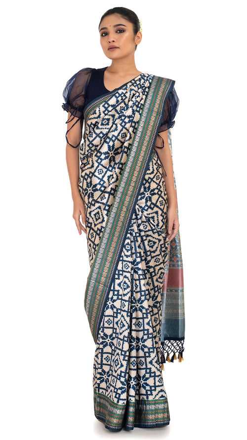 Blue Patola Silk Saree with Ikkat Pattern