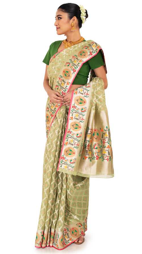 Green Tissue Kota Saree with Multicoloured Paithani Border