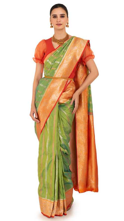 Mossy Green Katan Silk Saree with Orange Golden Border