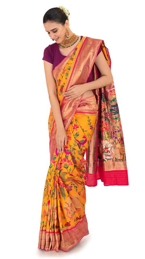 Crimson Bordered Elegant Saree with Vivid Flora and Fauna