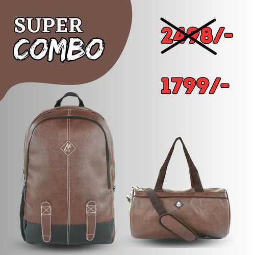 MIKE BAGS Special Combo Faux Leather Laptop Backpack and Duffle bag : Brown