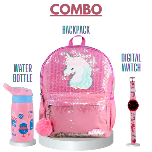 Smily pink combo: Backpack| water bottle| watch| Pink