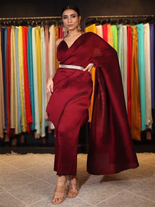 3 pc SET -Maroon Pant Saree Pleated with Leaf Halter blouse and Dazzling Belt