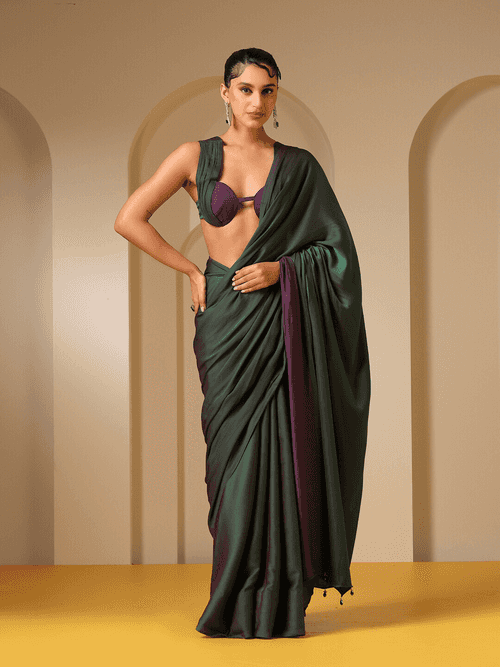 Green and Purple Dual Color Soft Satin Saree with Blouse Fabric
