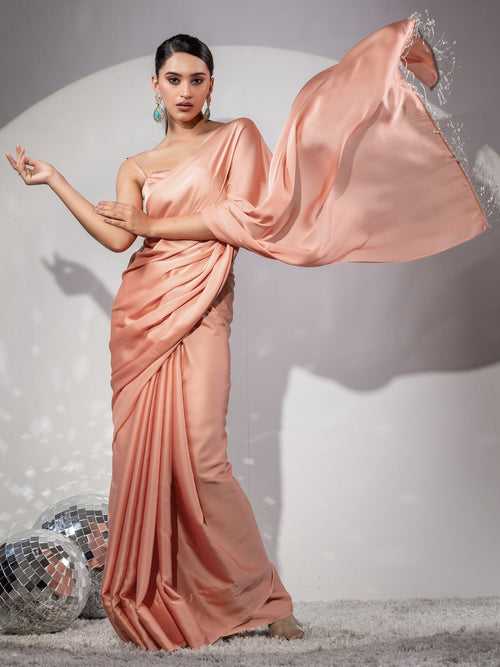 First Date Peach Satin Saree with Beads & Blouse Fabric