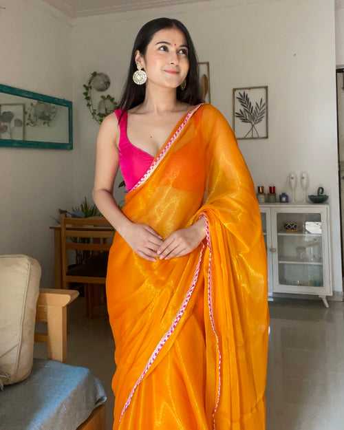Orange Yellow Shimmer Shine Chiffon Saree with Gota Lace Edge and Blouse Fabric