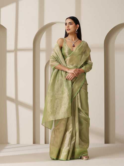 Lemon Green Banarasi Tissue Saree with Crushed Pallu and Blouse Fabric