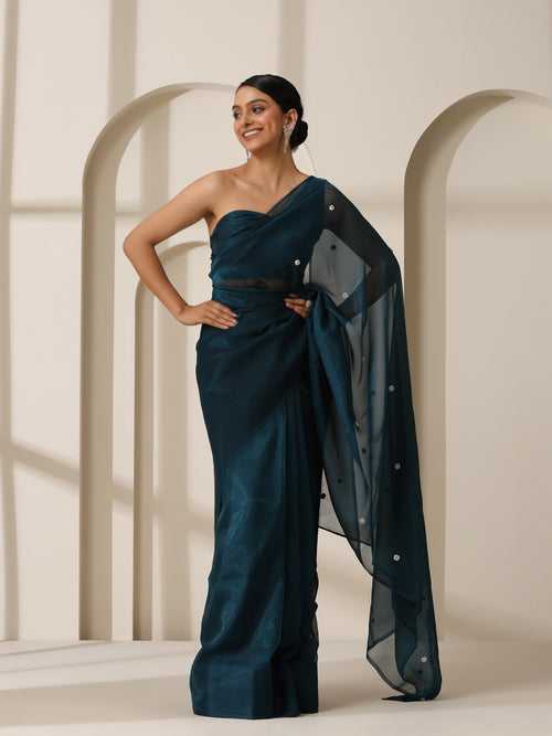 Prophecy Blue Shimmer Chiffon Saree with Beads and Self Fabric Blouse