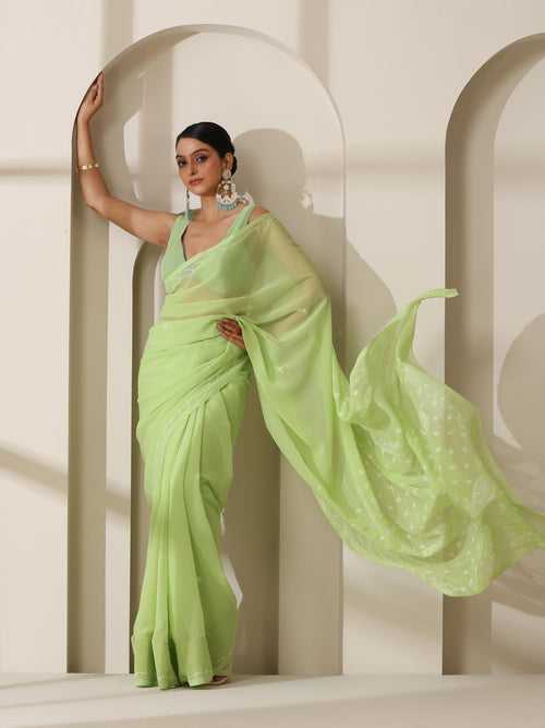 Light Green Rahet Hand Chikankari Saree with Blouse Fabric