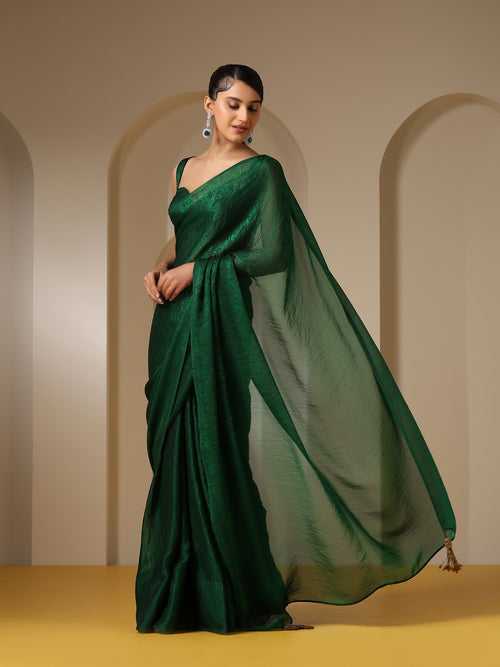 Colour Me Earth Green Paisley Chiffon Saree with Beaded Pendants & Blouse Fabric