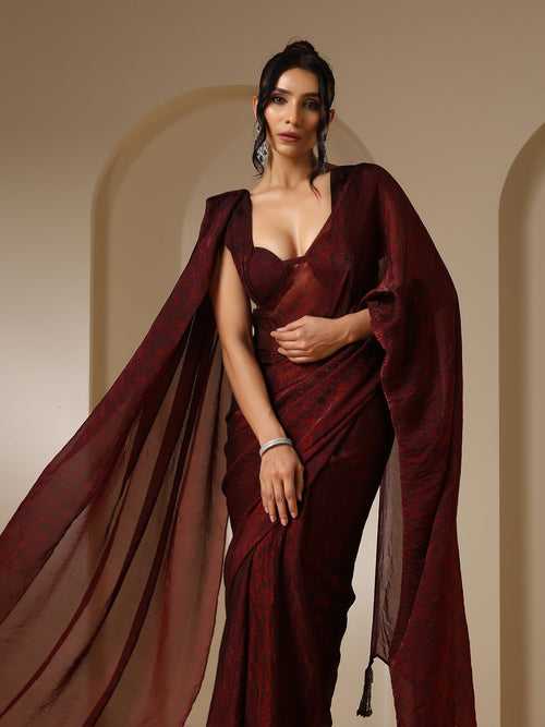 Majestic Maroon Paisley Chiffon Saree with Bronze Long Pendants